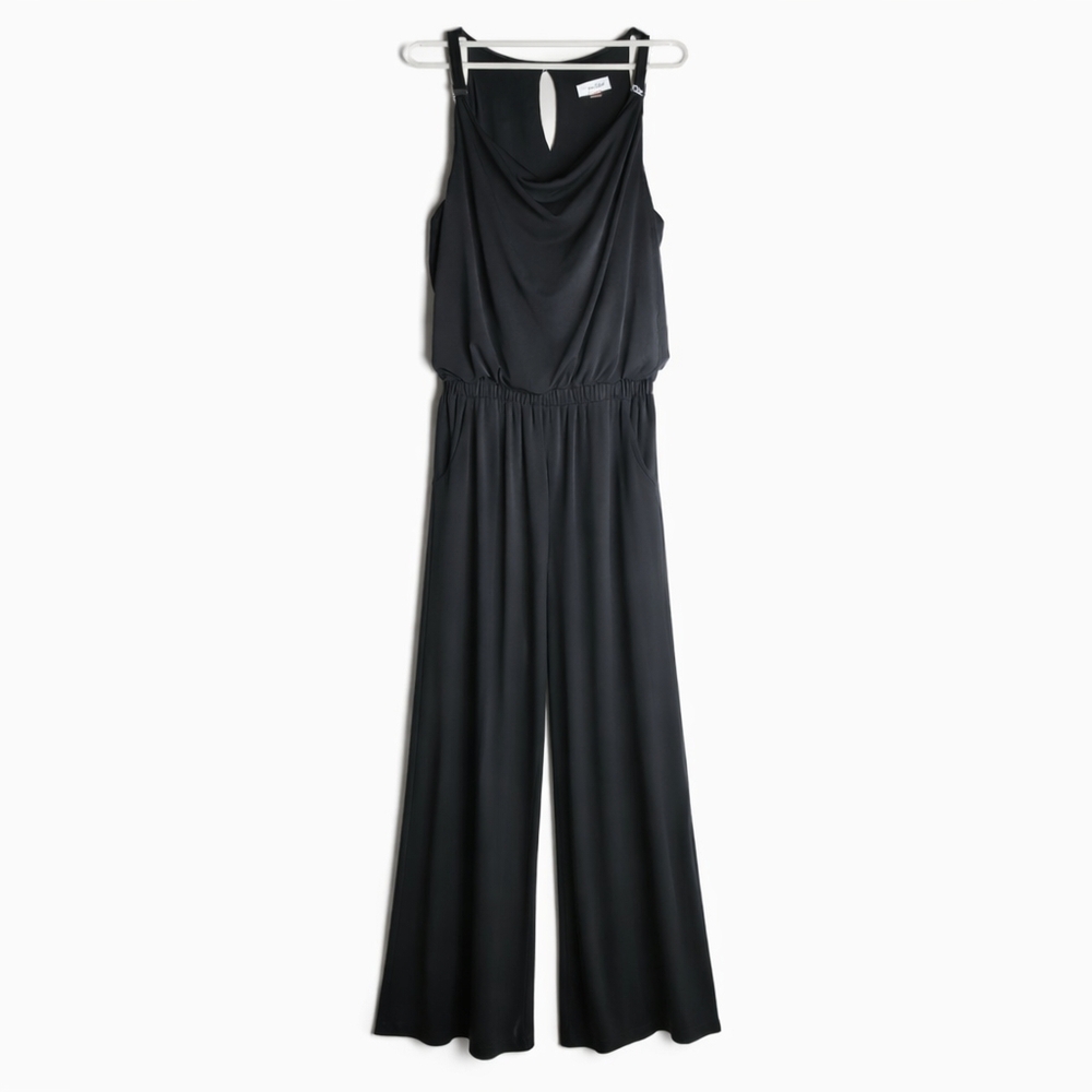 Calvin Klein Black Wide Leg Jumpsuit Size 8 Cowl Neck Evening Minimalist Chic